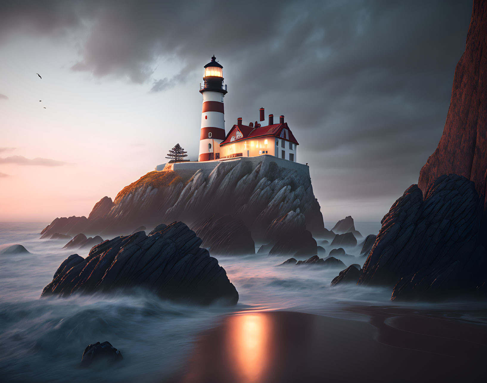 Lighthouse on rocky outcrop at sunset by calm sea