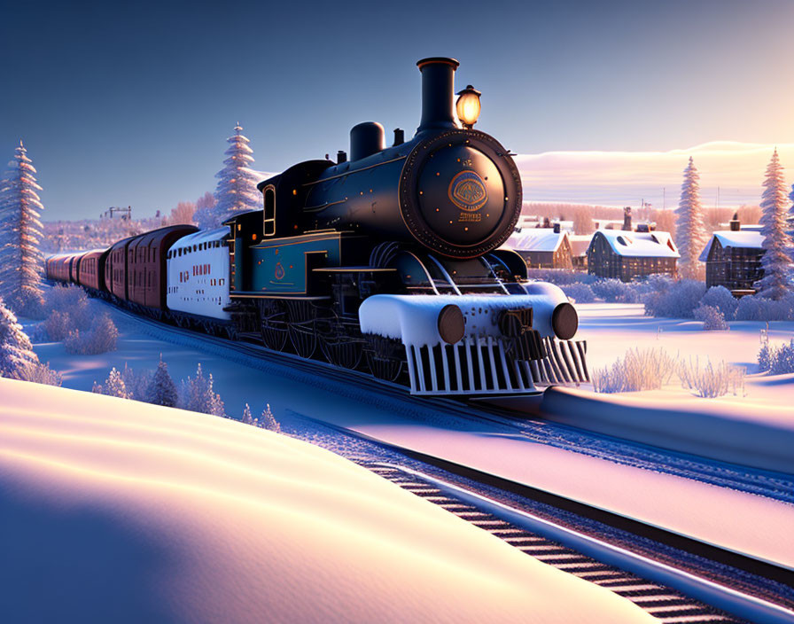 Snowy Vintage Steam Train Passing Winter Landscape at Sunset