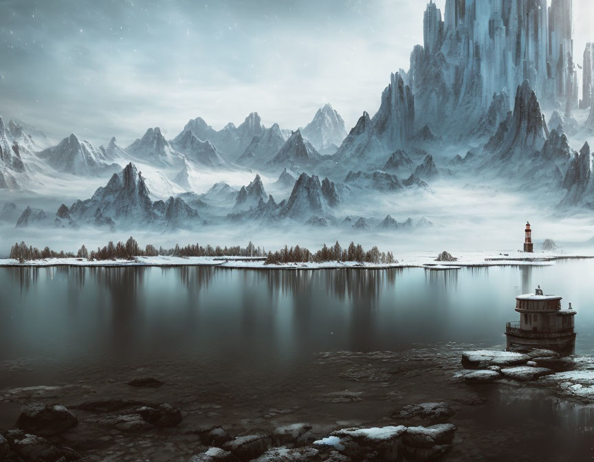 Tranquil landscape with snowy mountains, lake, and lighthouse