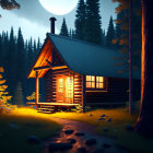 Twilight scene of cozy wooden cabin in serene forest