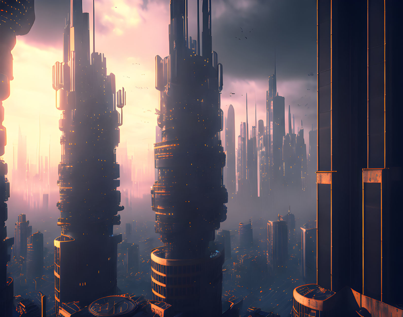 Futuristic cityscape at sunset: towering skyscrapers in misty orange glow