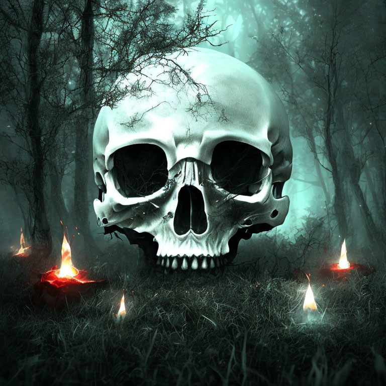 Eerie forest scene with large human skull and glowing fires