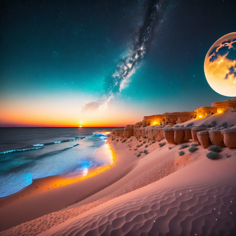 Surreal beach sunset with illuminated sand dunes, starry sky, and oversized moon