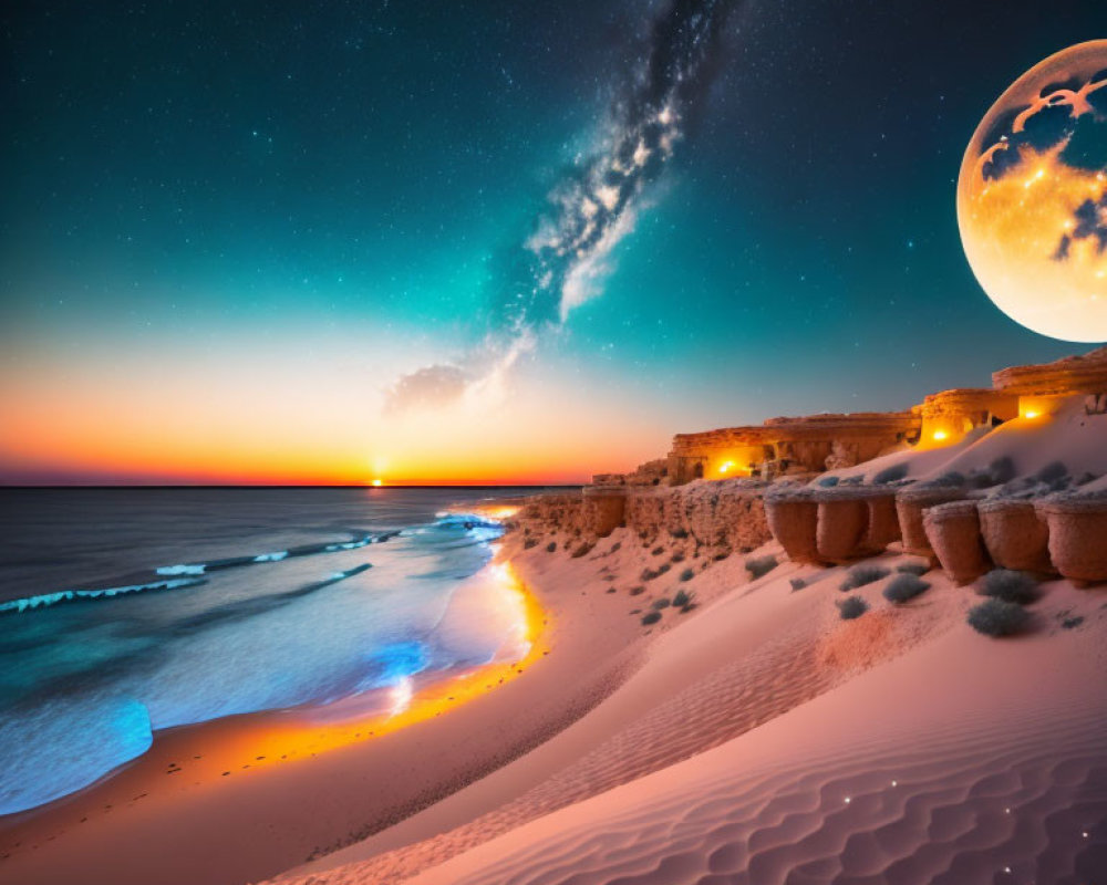 Surreal beach sunset with illuminated sand dunes, starry sky, and oversized moon