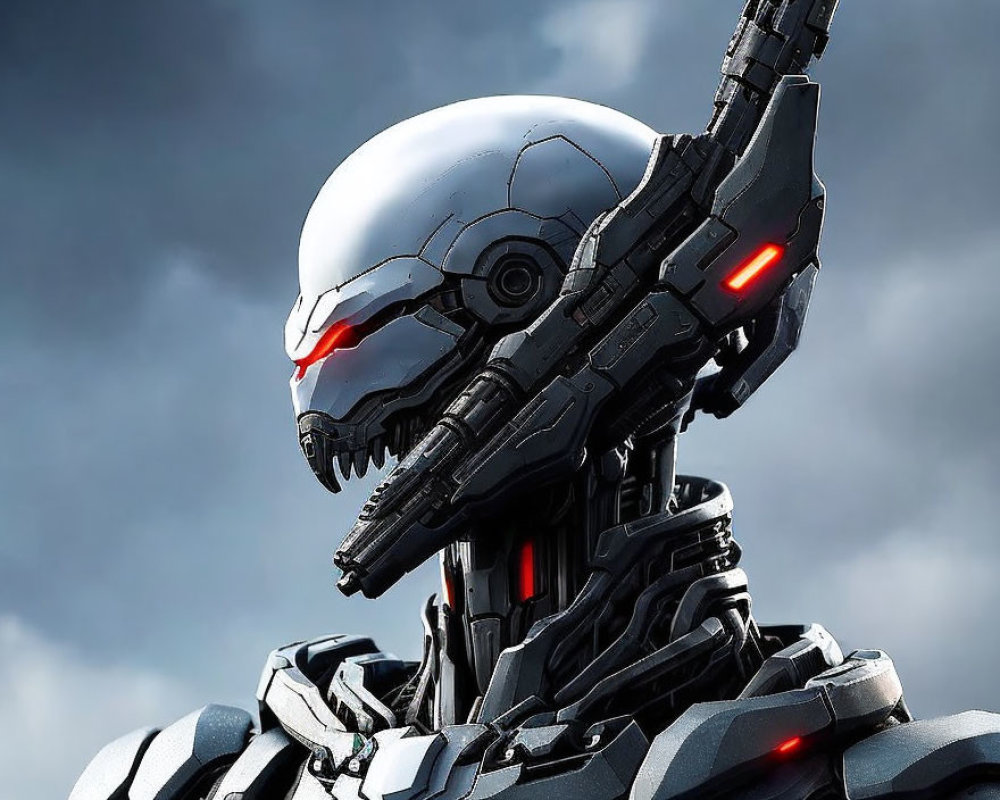 Futuristic robot with silver head and red glowing eyes against cloudy sky