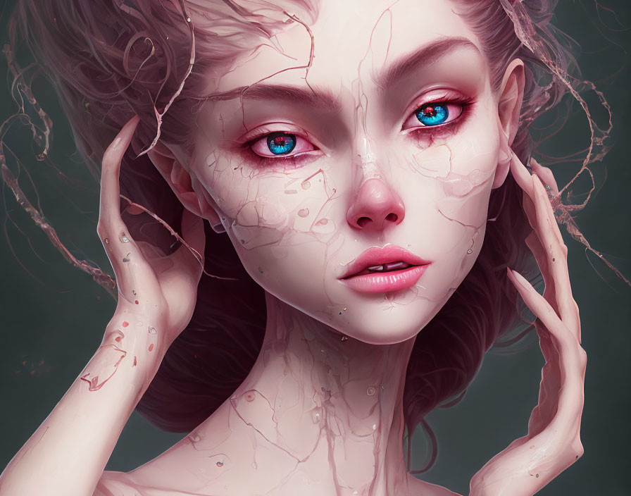 Fantasy digital illustration: Pale-skinned female figure with cracked textures and pink eyes on muted background