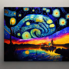 Night Sky Painting with Crescent Moon, Stars, and Silhouetted Landscape