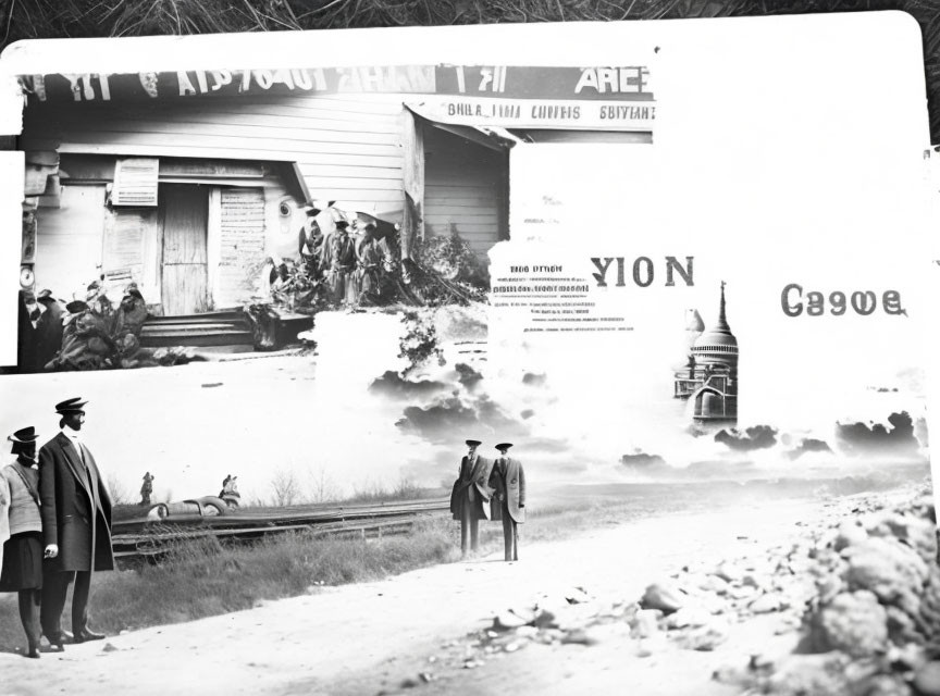 Monochrome photo: People examining damaged Cyrillic text on historic building image