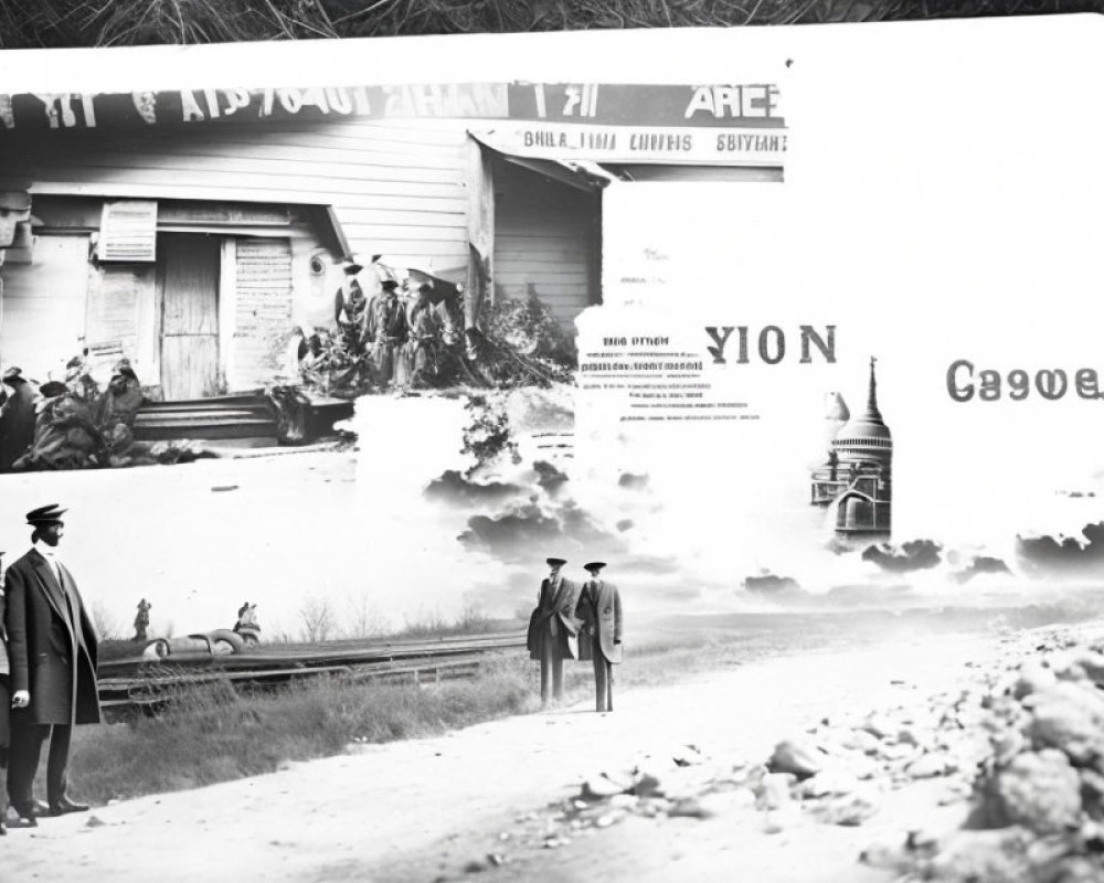 Monochrome photo: People examining damaged Cyrillic text on historic building image