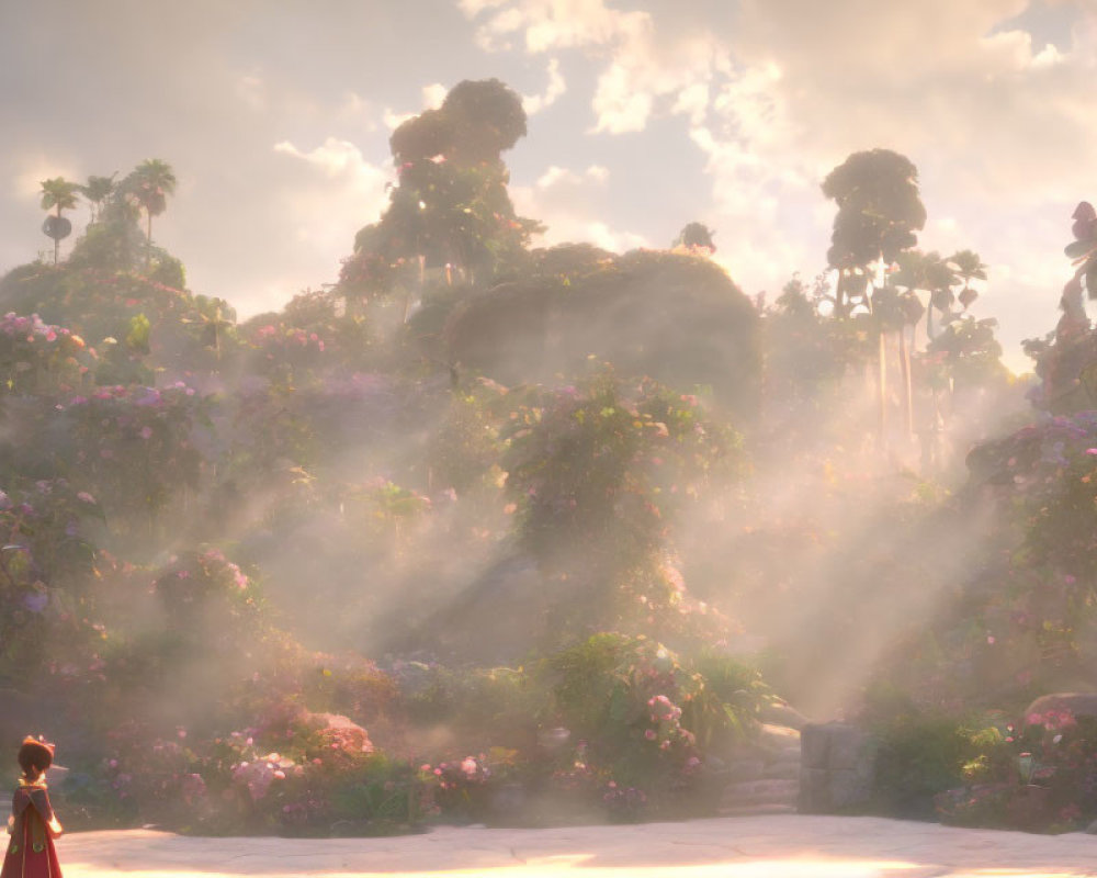 Sunlit flower-covered ruins with a person admiring the tranquil landscape