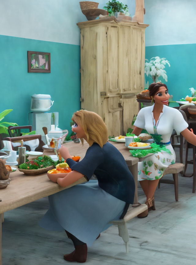 Two animated female characters in a rustic kitchen, one peeling oranges, the other smiling by a wooden