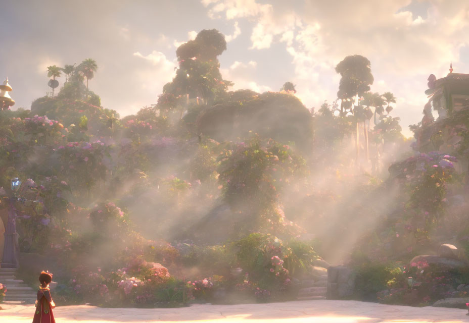 Sunlit flower-covered ruins with a person admiring the tranquil landscape