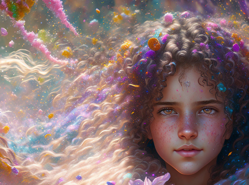 Curly-Haired Girl in Colorful Fantasy Background with Flowers