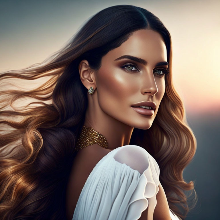 Digital illustration of woman with flowing brown hair and striking makeup in white outfit