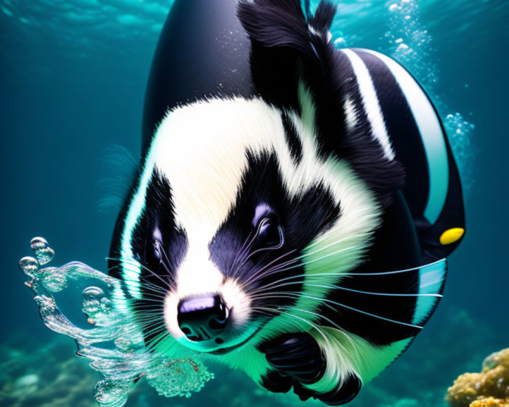 Illustration: Whimsical badger with fish-like features swimming among coral reefs.