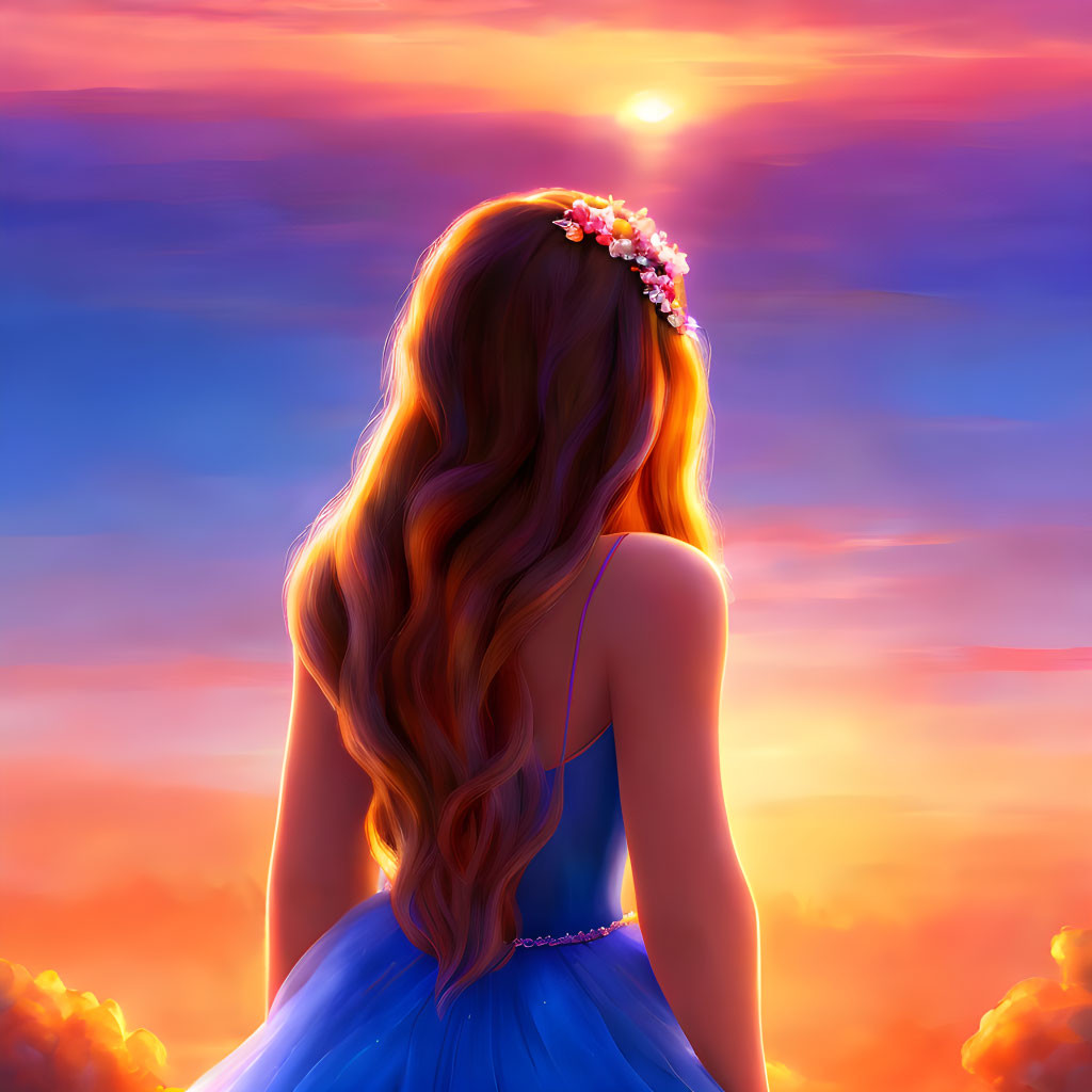 Woman with long wavy hair in flower crown and blue dress admiring vibrant sunset with orange, pink