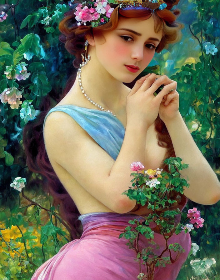 Portrait of Young Woman in Blue and Pink Dress with Auburn Hair and Pearls, Surrounded by Flowers