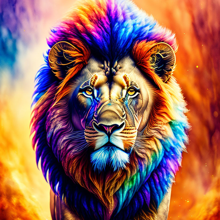 Colorful Lion Head Illustration Against Abstract Fiery Background