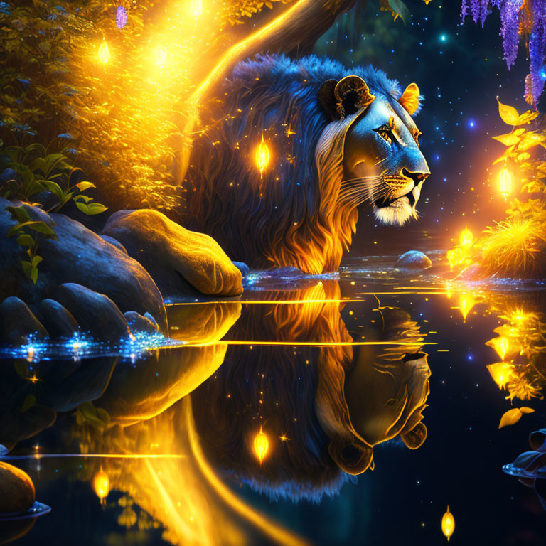 Majestic lion with blue face in enchanted forest with glowing butterflies