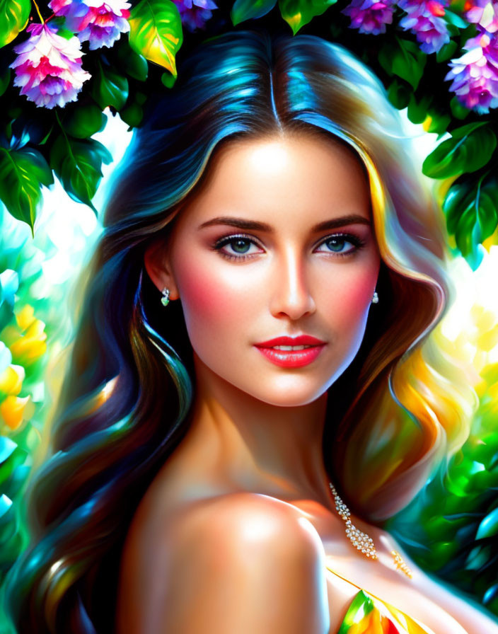 Colorful digital portrait of a woman with multi-colored hair, rosy cheeks, and bright blue eyes