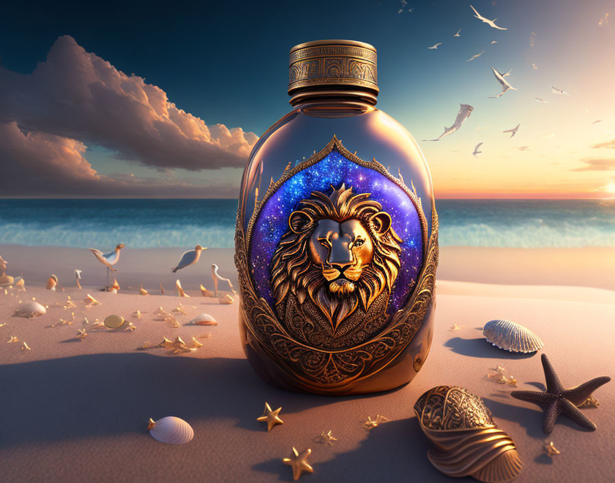 Intricately Designed Lion Emblem Bottle on Sandy Beach at Sunset