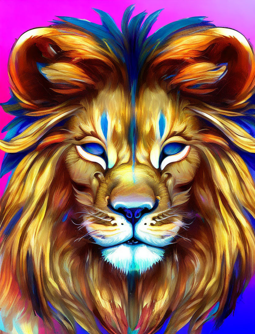 Vibrant digital painting of lion's head with orange and brown mane on neon background