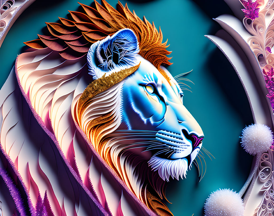 Colorful Stylized Lion Art in Orange and Blue with Golden Accents on Teal Background