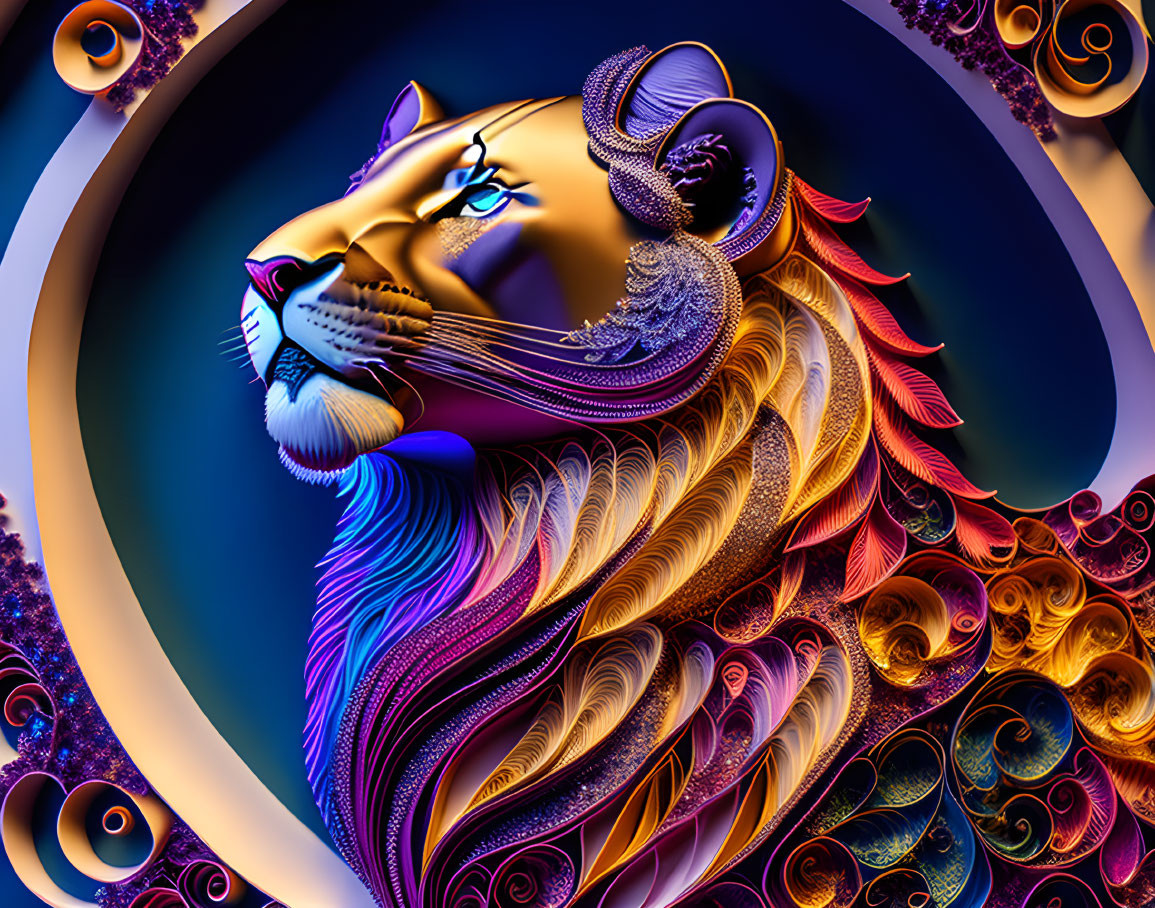 Colorful Stylized Lion Artwork with Swirls on Dark Blue Background