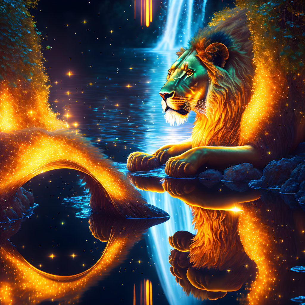 Majestic lion with glowing mane by tranquil river at starry night