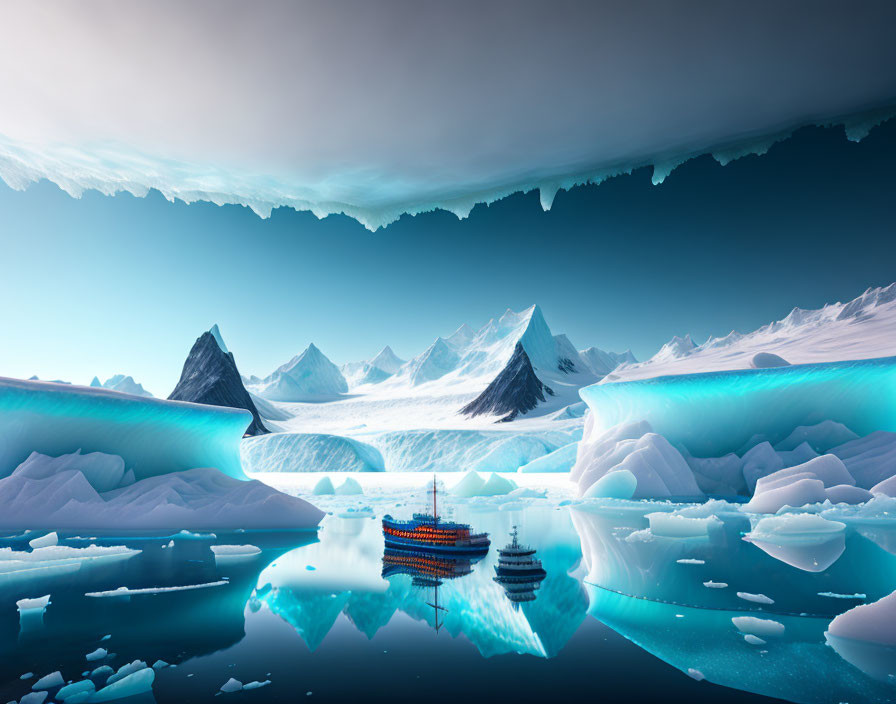 Ships navigating icy waterscape with floating icebergs