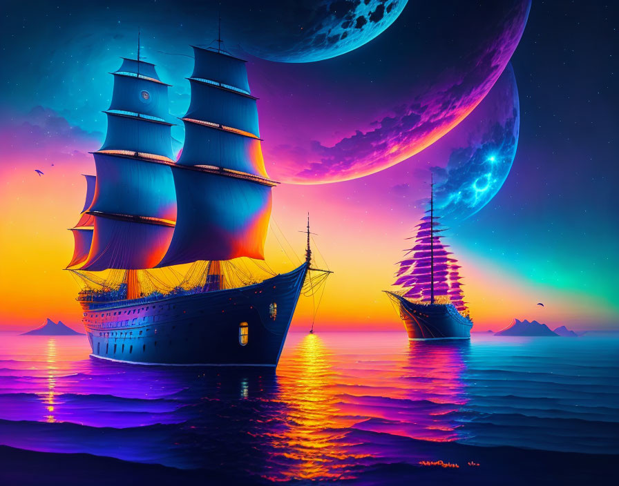 Majestic ships on vibrant ocean under purple moon