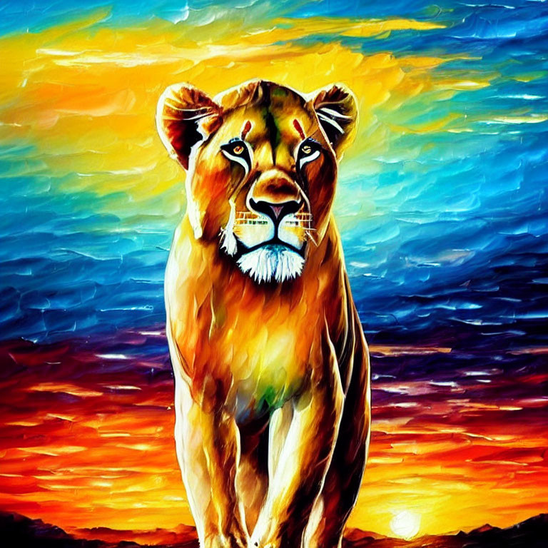 Colorful lioness painting against vibrant sunset sky colors