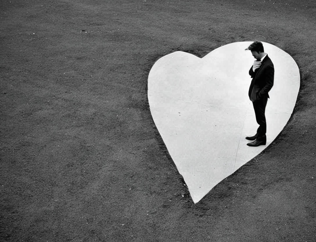 Monochrome photograph of person in heart shape on textured ground