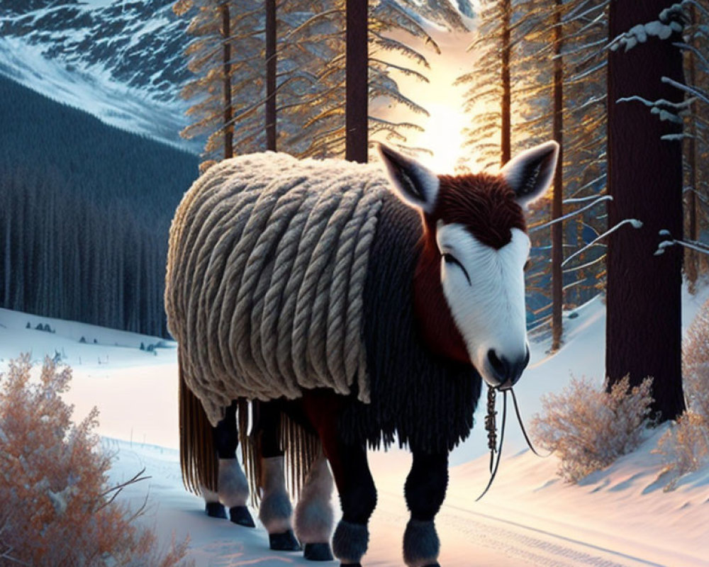 Illustration of sheep-bodied animal with donkey face in snowy forest at sunset