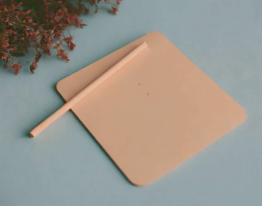 Peach-Colored Notebook and Pen with Red Flowers on Blue Surface