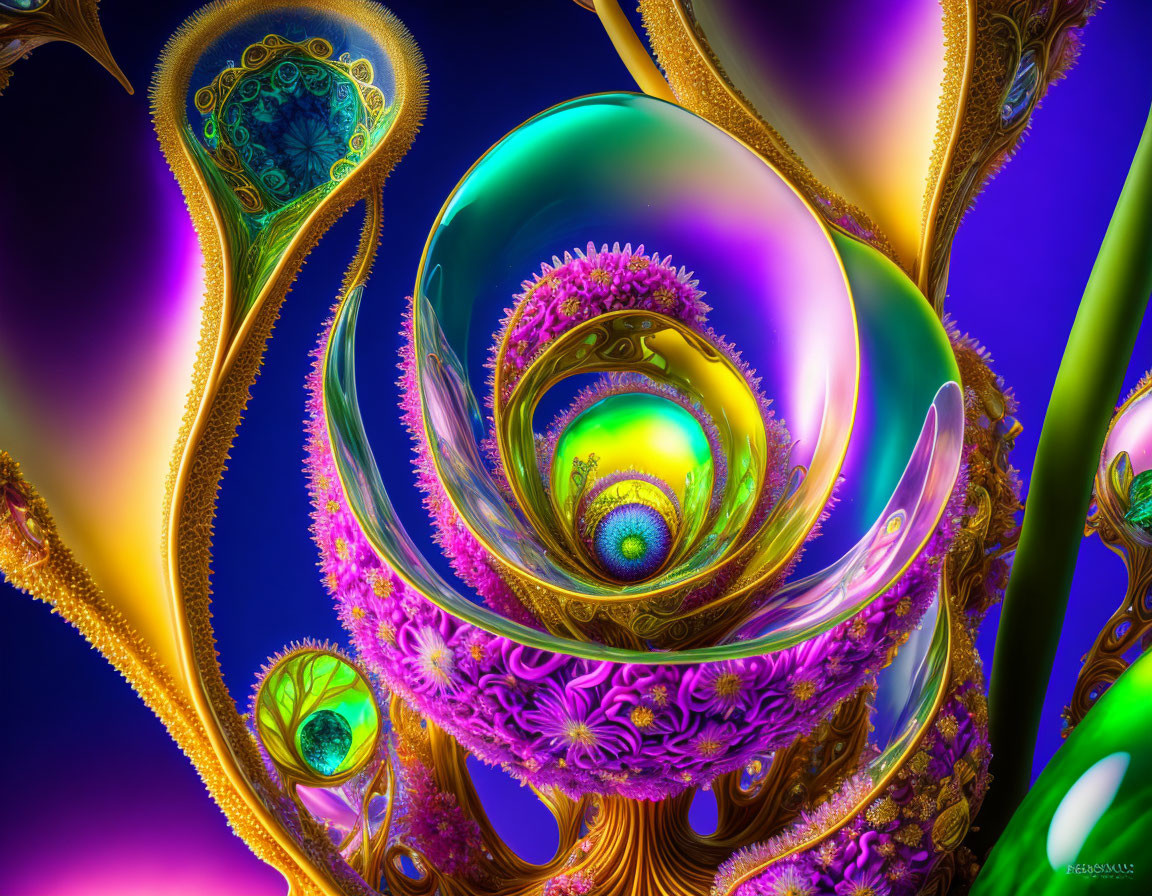 Colorful fractal art with intricate patterns in purple, green, and blue swirls on dark background