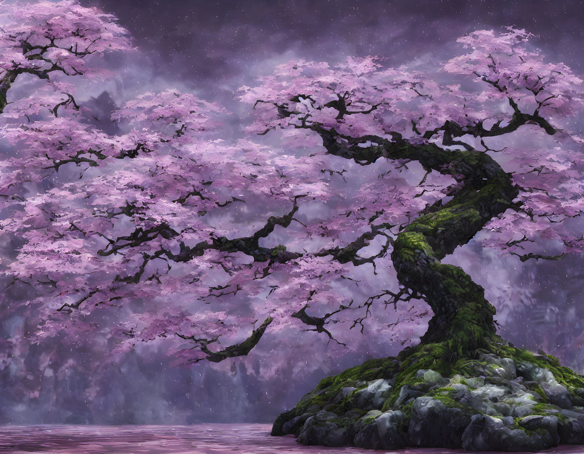 Vibrant pink cherry blossom tree under dreamy purple starry sky