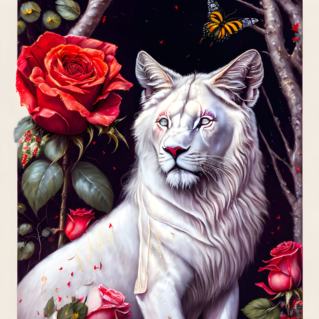 White Tiger with Pink Eyes, Golden Necklace, Red Roses, and Butterfly on Branch