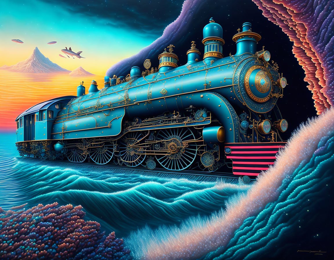 Vintage steam locomotive in surreal landscape with wave-like formations and distant mountain