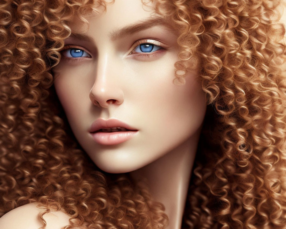 Portrait featuring person with voluminous curly hair and striking blue eyes.