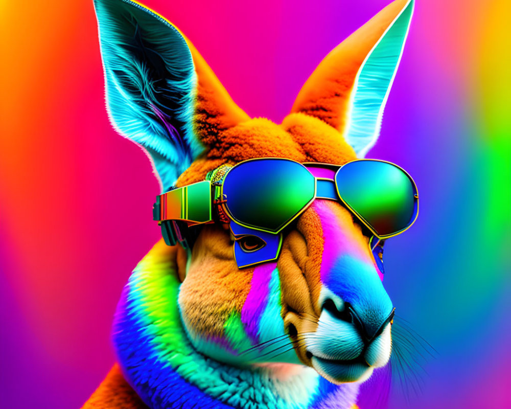 Stylized kangaroo with reflective sunglasses on rainbow background