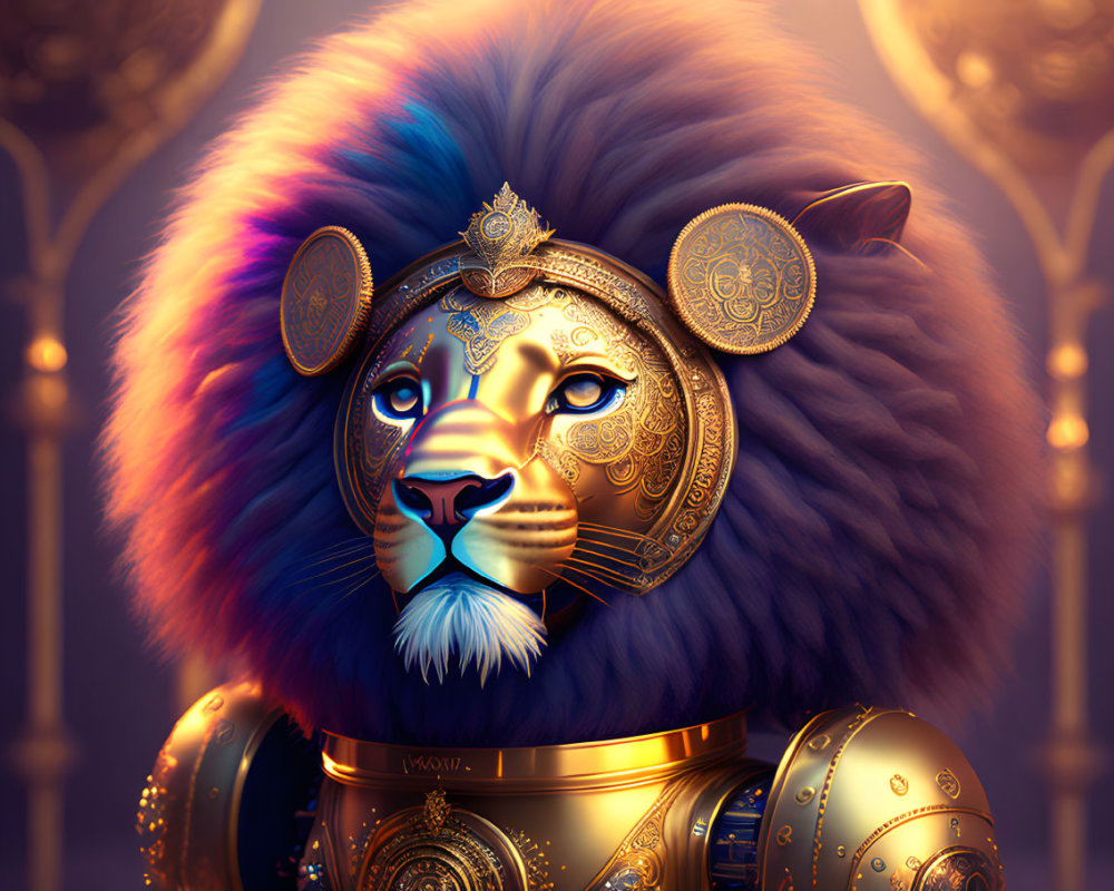 Majestic lion with vibrant mane in golden armor and jewelry