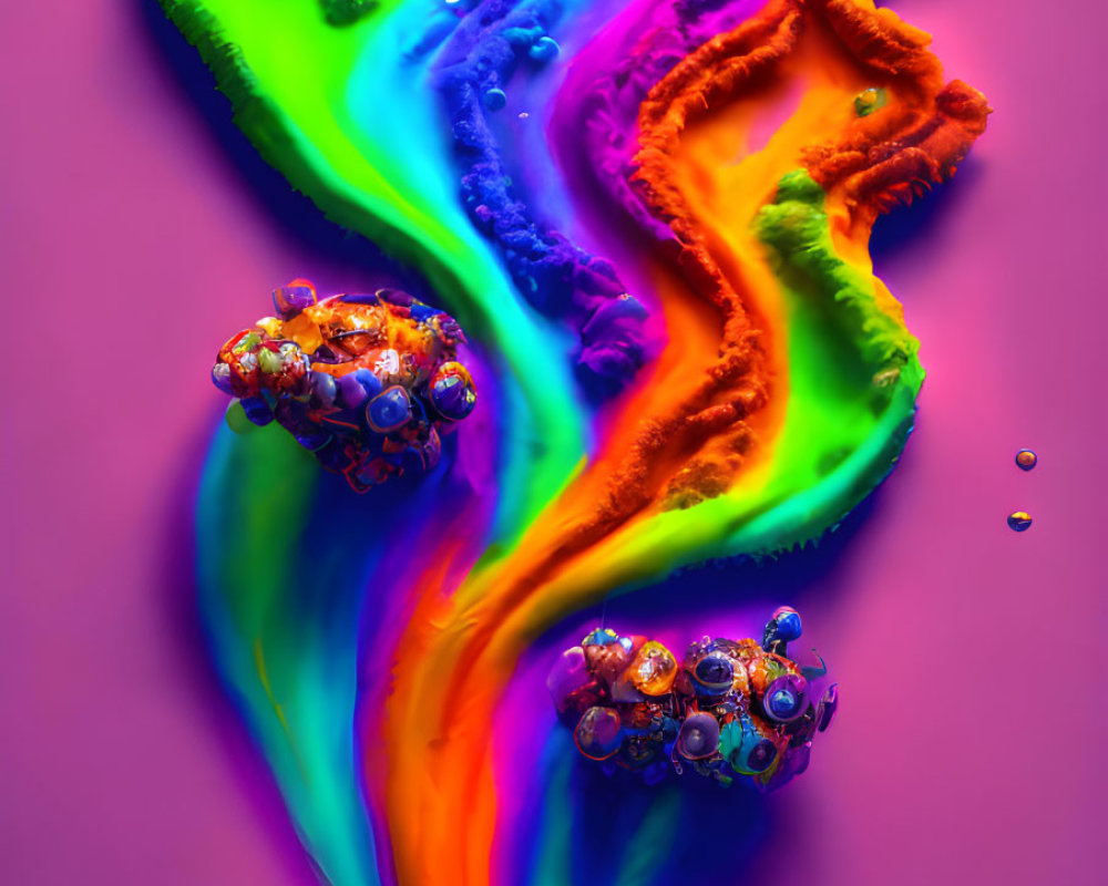 Swirling colors in purple, blue, green, orange, and pink with bubble-like formations