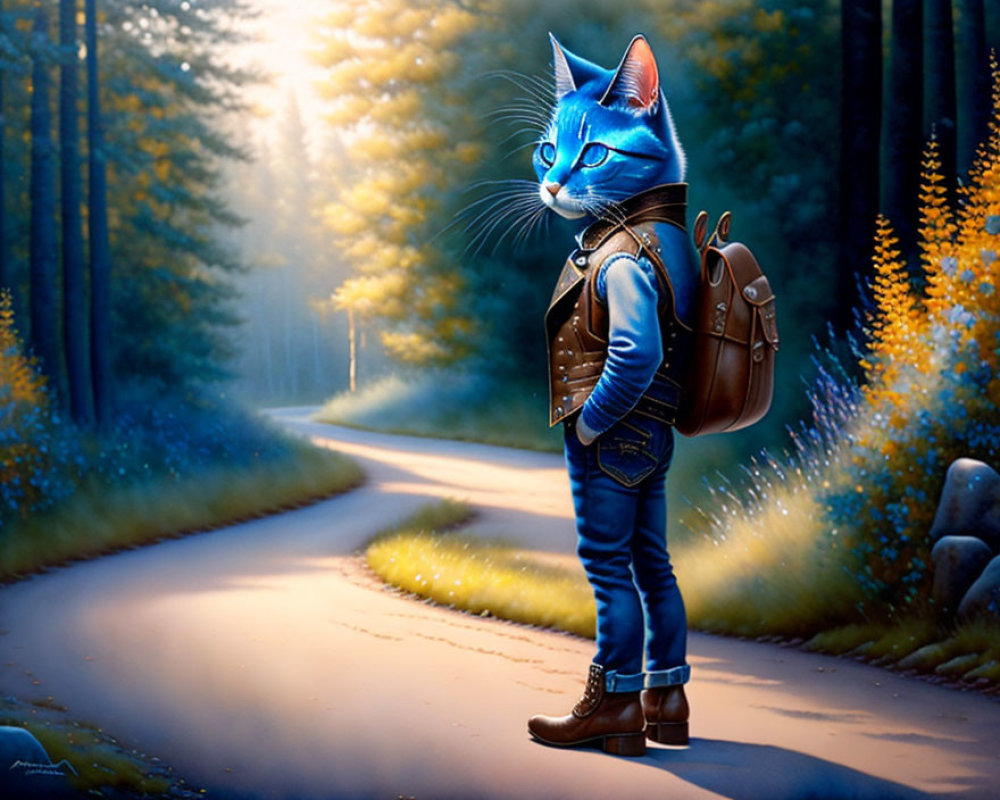 Blue anthropomorphic cat in leather jacket and jeans on sunlit forest path