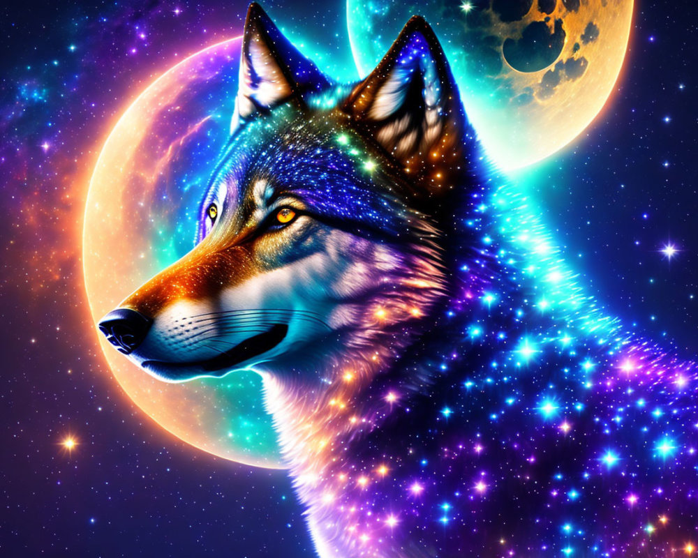 Vibrant cosmic wolf in celestial space scene