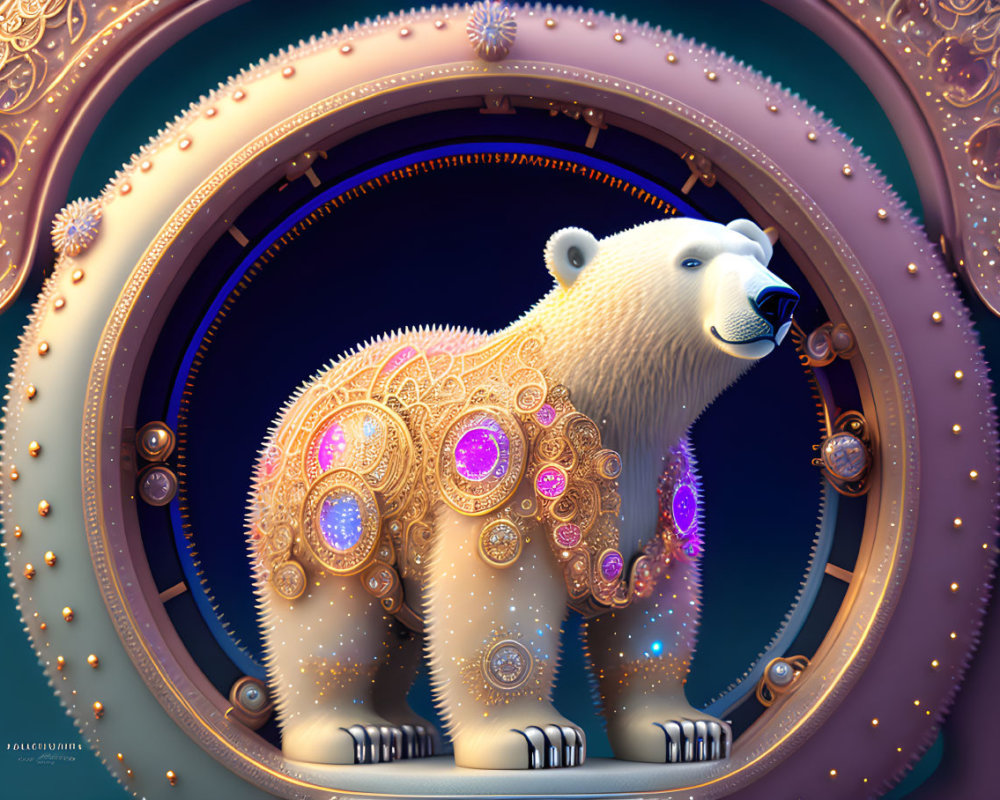 Mechanical polar bear adorned with gold and jewels in steampunk portal frame