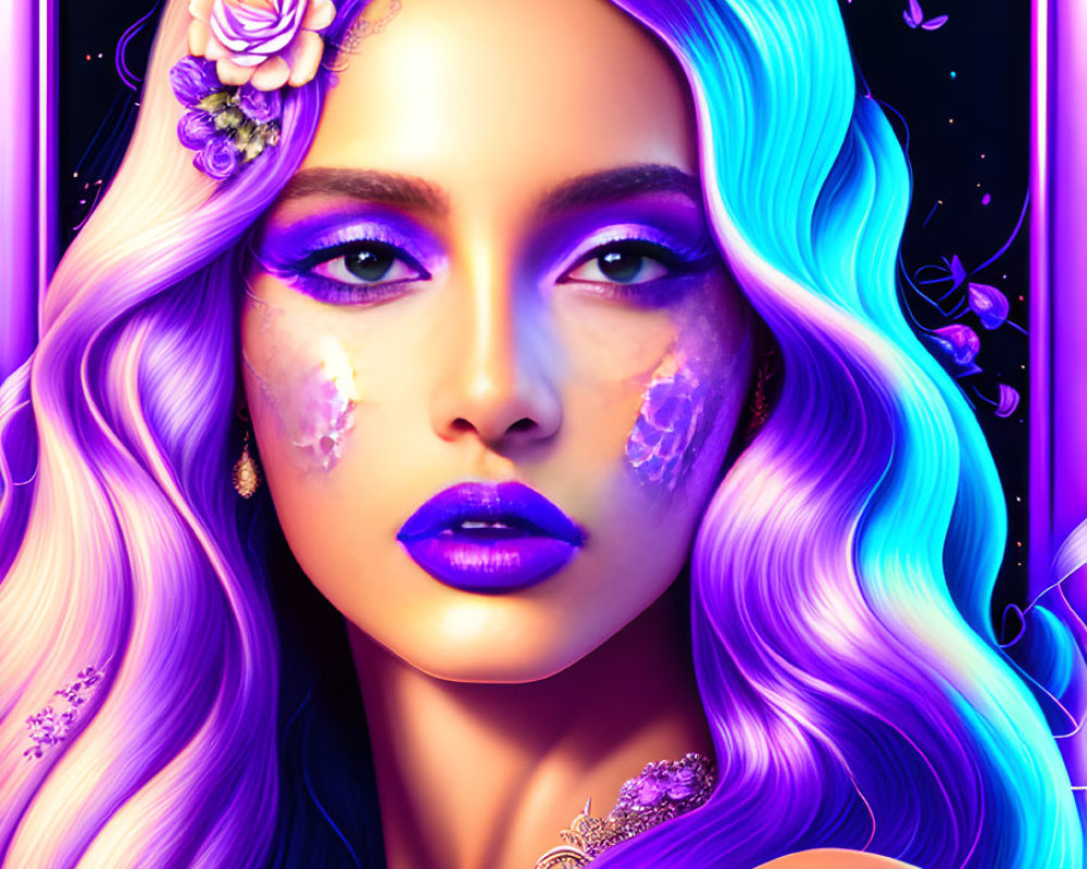 Digital Artwork: Woman with Lilac Hair and Butterflies on Purple Background