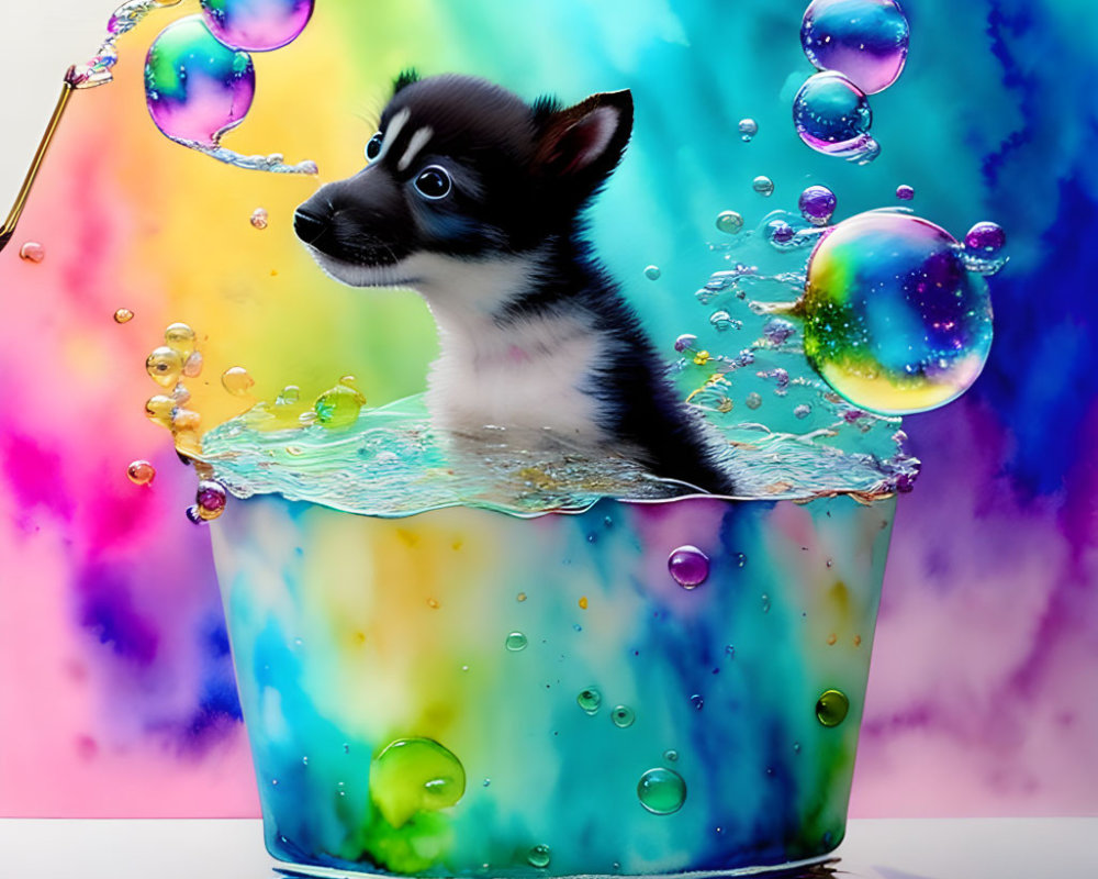 Black and White Puppy in Colorful Bucket with Soap Bubbles