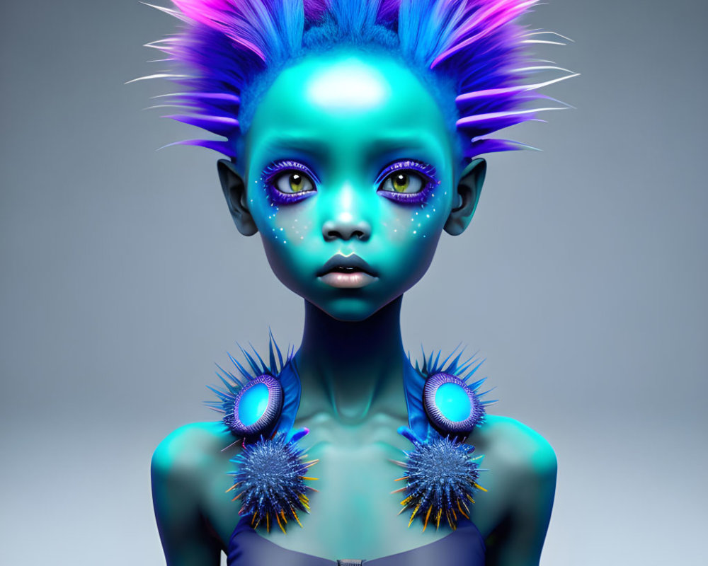 Unique digital artwork featuring otherworldly creature with blue skin, vibrant hair, futuristic jewelry, and intense