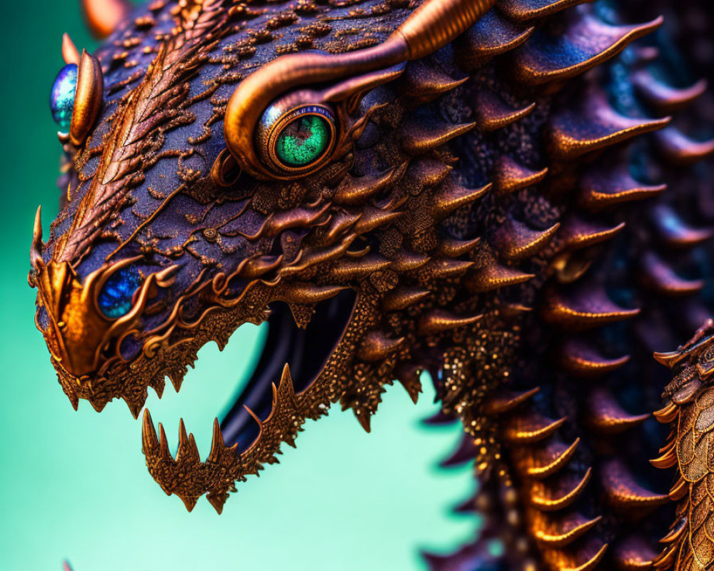 Detailed Dragon Sculpture with Intricate Scales and Blue Eyes on Green Background